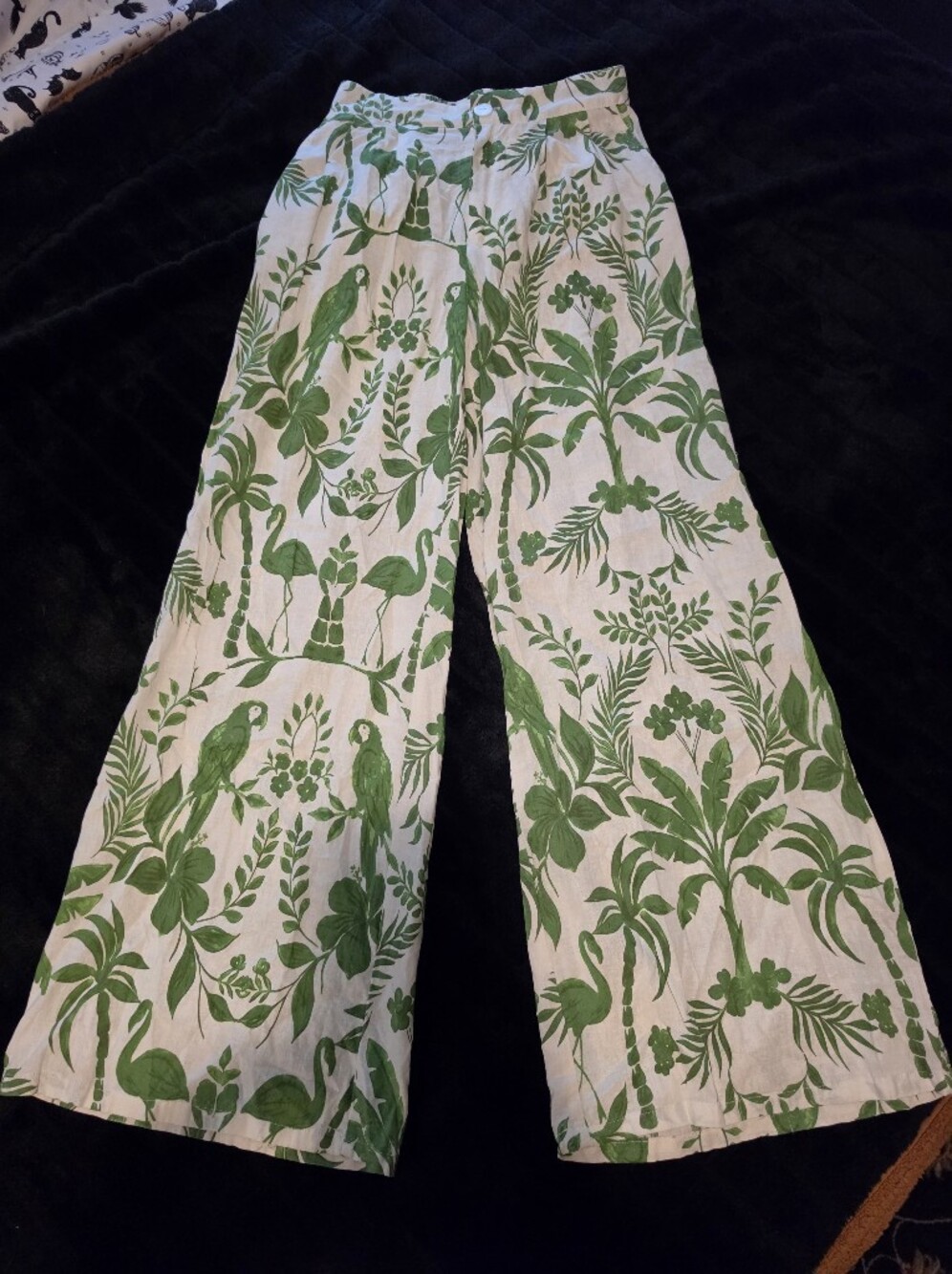 C&C California Wide-Leg Linen Pants - Green Tropical Botanical Print - Size XS